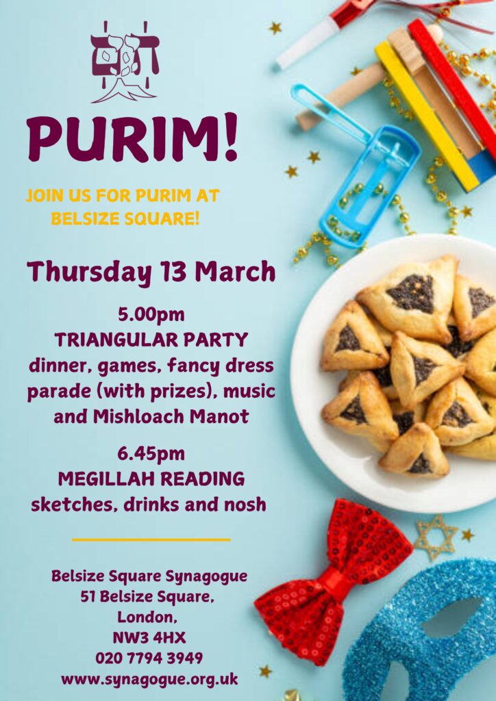 5 pm triangular party, dinner, games, fancy dress parade (with prizes), music and Mishloach Manoch

6:45 Megillah reading, sketches, drinks and nosh
